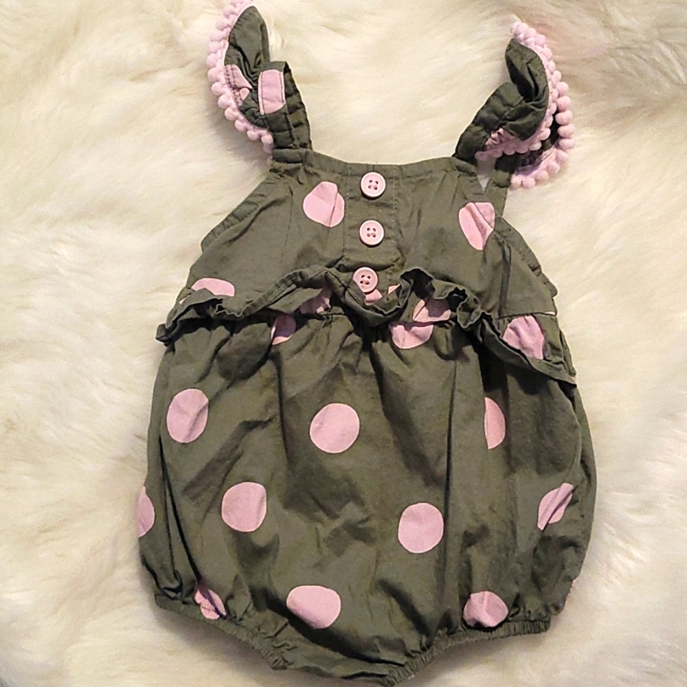 Okie Dokie 3 month army green romper with pink polka dots